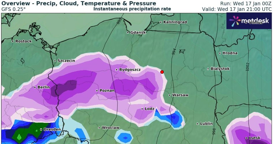Opady śniegu, deszczu ze śniegiem i deszczu nasilą się w Polsce po południu i wieczorem /wxcharts