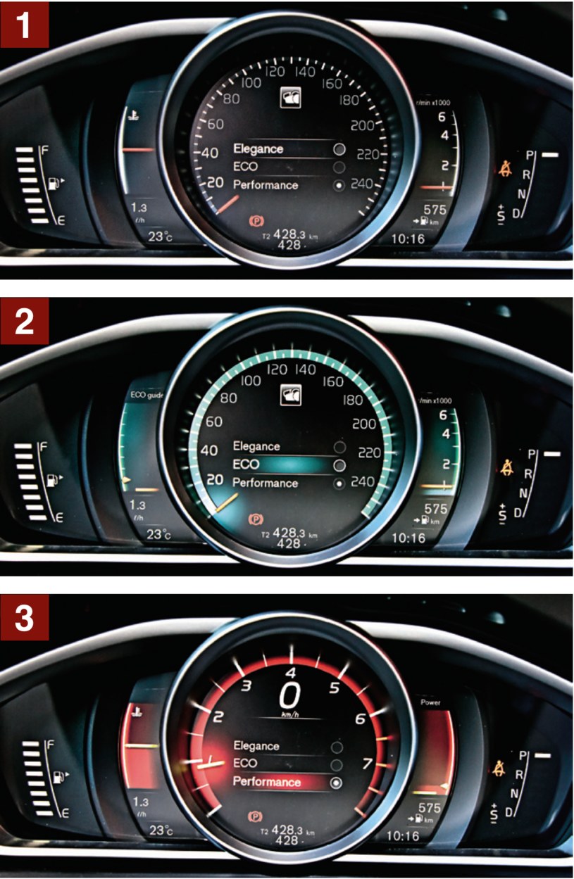 Opcjonalny ekran 8'' zamiast zegarów ma 3 tryby. Standardowy to Elegance [1]. W ustawieniu ECO [2] po lewej stronie zestawu widać wskaźnik ekonomicznej jazdy. Tryb Performance [3] – centralny obrotomierz z cyfrowym prędkościomierzem. /Motor