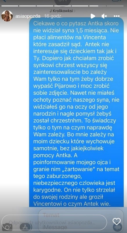 Opozda zamieściła screeny smsó-w do Jana Królikowskiego /www.instagram.com/asiaopozda /Instagram