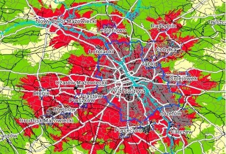 Orientacyjna mapa zasięgu w aglomeracji warszawskiej. Kolor czerwony to zasięg HSDPA. /INTERIA.PL/informacje prasowe