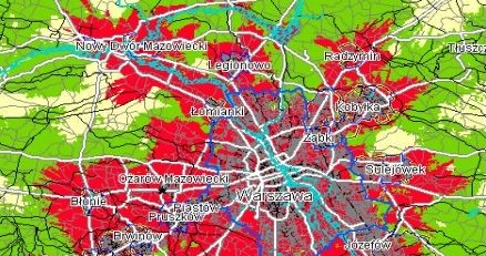 Orientacyjna mapa zasięgu w aglomeracji warszawskiej. Kolor czerwony to zasięg HSDPA. /INTERIA.PL/informacje prasowe