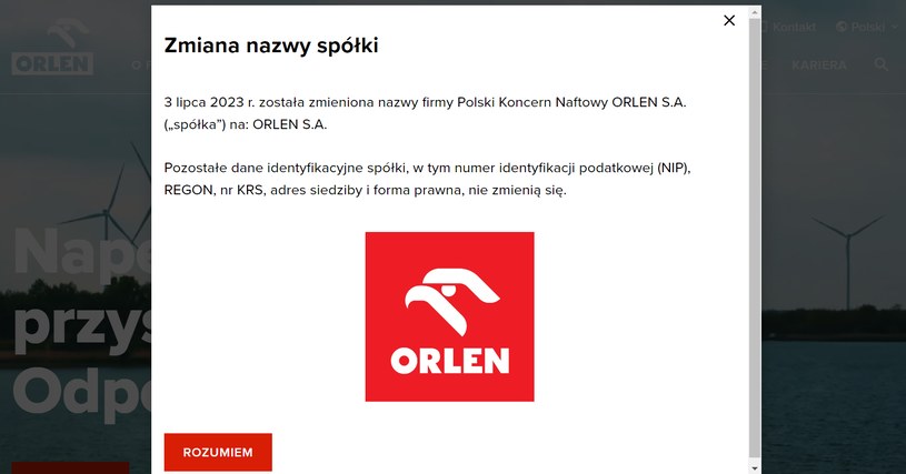 Orlen zmienił nazwę. Na stronie internetowej koncernu pojawił się stosowny komunikat. /orlen.pl/ zrzut ekranu /