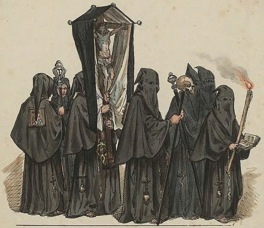 Orszak Bractwa Męki Pańskiej. Ilustracja Jana Matejki z „Ubiorów w Polsce 1200-1795”, ryc. 63. Litografia /