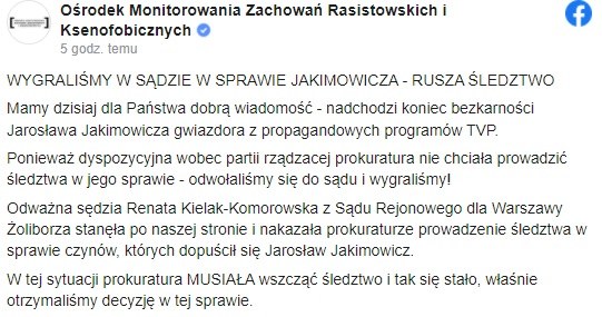 Ośrodek Monitorowania Zachowań Rasistowskich i Ksenofobicznych zajmie się sprawą Jakimowicza /Facebook /Facebook