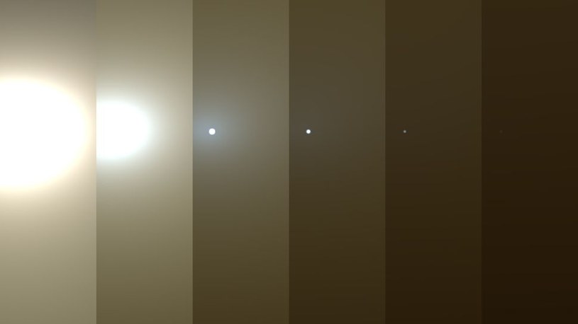 Momentos finales capturados por las cámaras del rover Opportunity en junio de 2018. Las imágenes muestran el débil disco del sol durante una tormenta de polvo / NASA / JPL-Caltech / TAMU / NASA