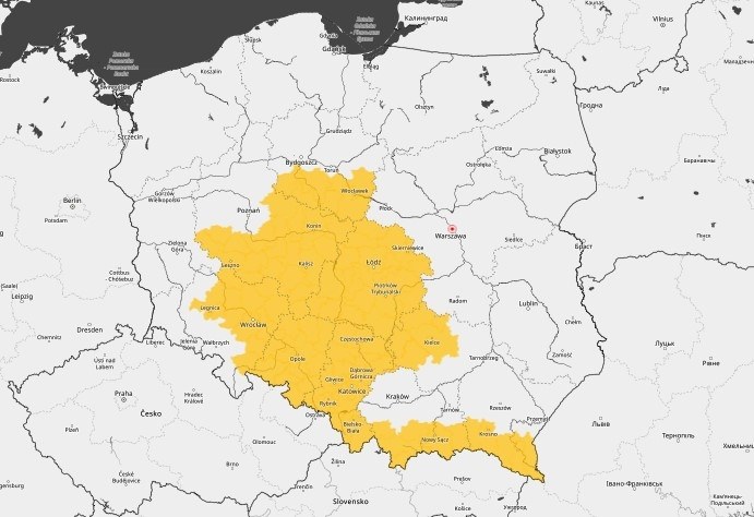 Ostrzeżenia 1. stopnia przed burzami, które na razie wydane jest do godz. 7:30 w poniedziałek, 19.05.2025 /IMGW /Materiały prasowe