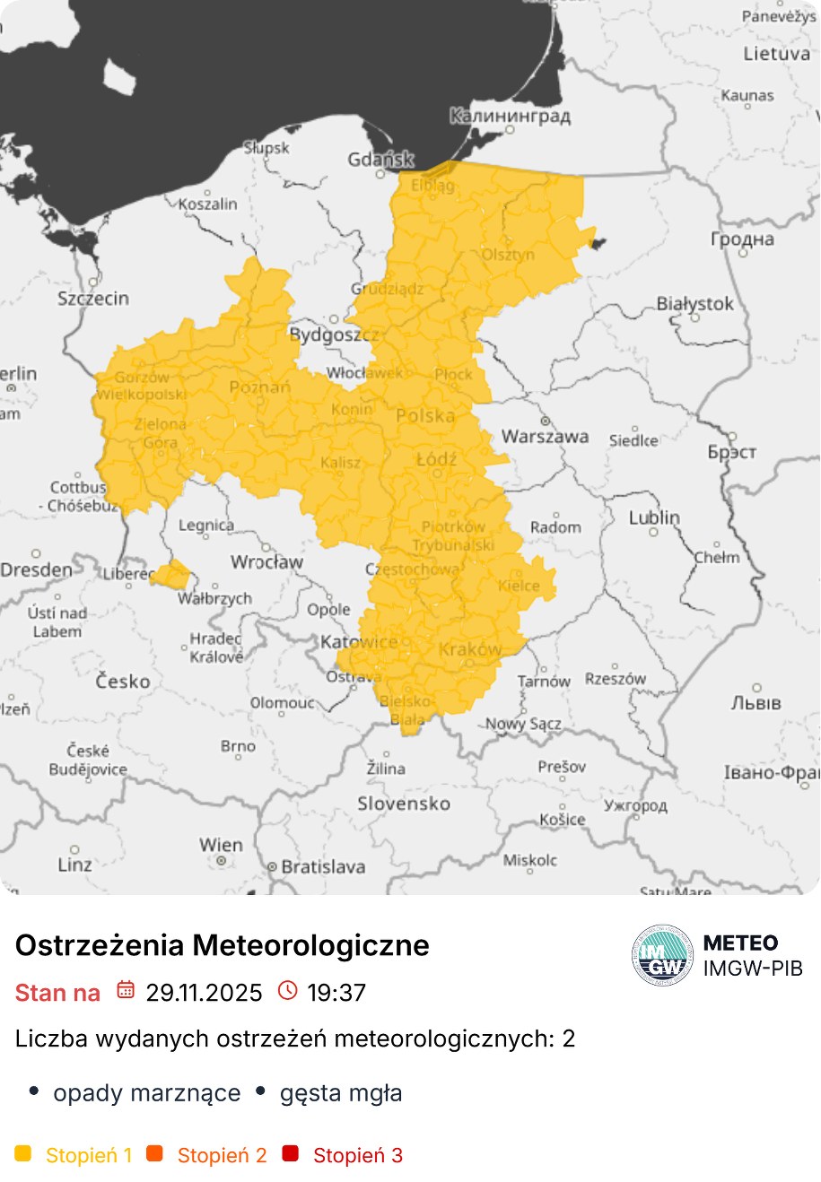 Ostrzeżenia IMGW przed gęstą mgłą i marznącymi opadami/stan na sobotę ok. godz. 19:30 /IMGW /Materiały prasowe
