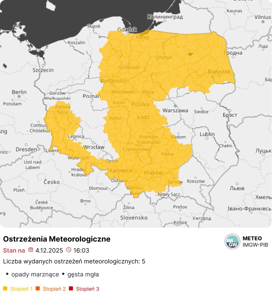 Ostrzeżenia IMGW przed gęstymi mgłami (stan na godz. 16:03 w czwartek) /IMGW