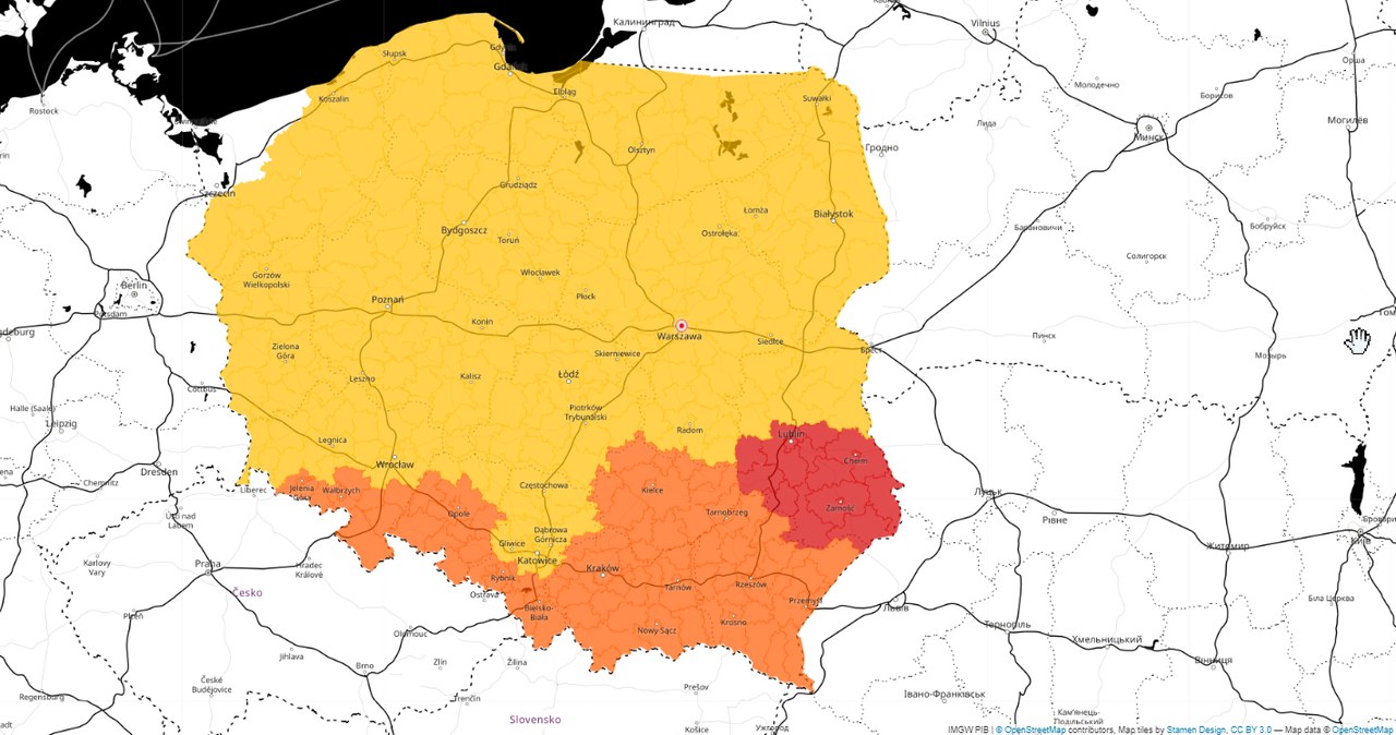 Ostrzeżenia IMGW przed intensywnymi opadami śniegu /meteo.imgw.pl/OpenStreetMap /