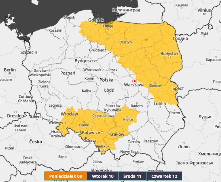 Ostrzeżenia IMGW przed silnym mrozem i marznącymi opadami wydane na poniedziałek, 9 lutego 2026 /IMGW /Materiały prasowe