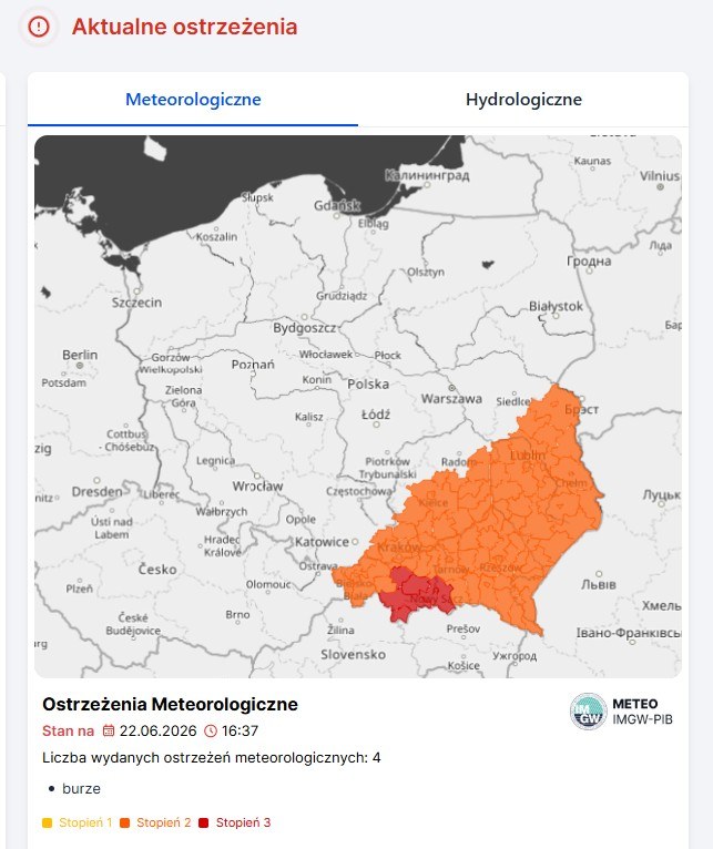 Ostrzeżenia przed burzami, 22 czerwca 2026 /IMGW