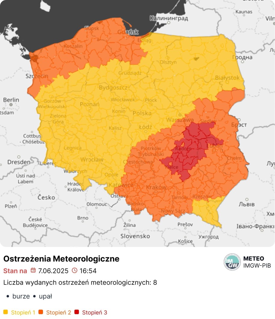 Ostrzeżenie IMGW na 07.06 na godzinę 16:54 /IMGW /Materiały prasowe