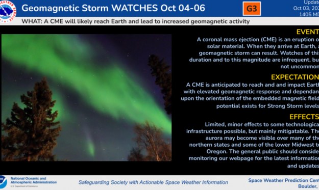 Ostrzeżenie przed burzami geomagnerycznymi klasy G3 w dniach od 4 do 6 października /NOAA Space Weather Prediction Center /Materiały prasowe