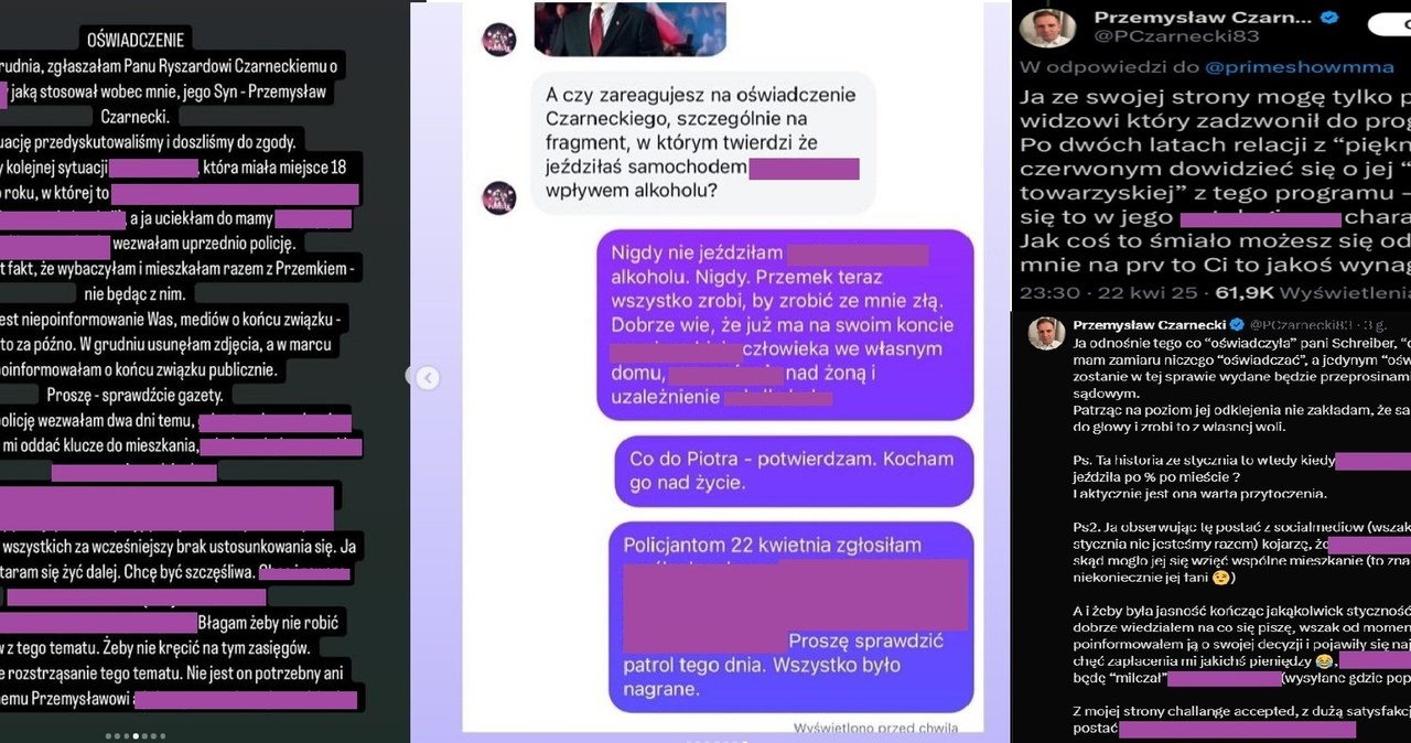 Oświadczenia Marianny Schreiber i Przemysława Czarneckiego. Zważywszy na opisy dotyczące dziecka oraz drastyczne szczegóły, zdecydowaliśmy się nie publikować pełnych opisów /x.com/PCzarnecki83, instagram.com/marysiaschreiber /materiał zewnętrzny