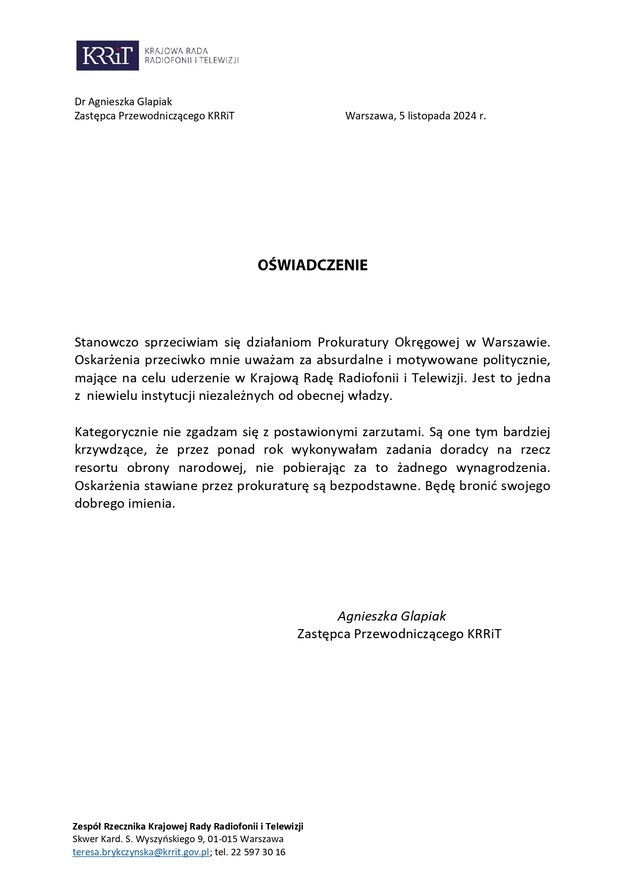 Oświadczenie Agnieszki Glapiak. /RMF FM