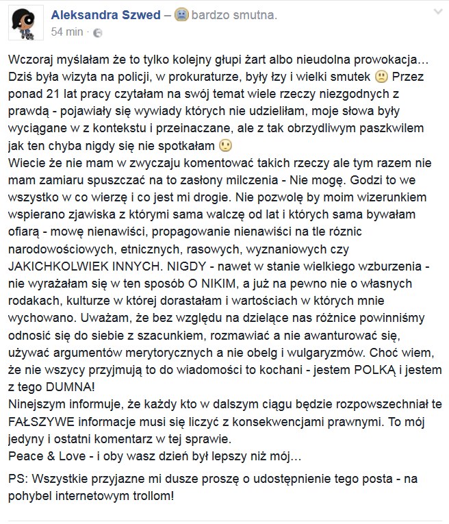 Oświadczenie Aleksandry Szwed /Styl.pl