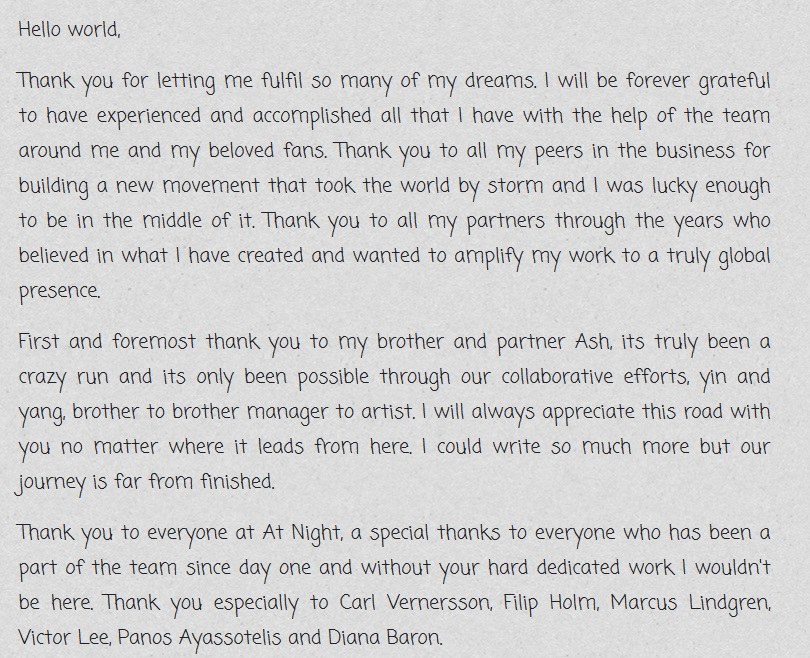 Oświadczenie Avicii'ego /oficjalna strona wykonawcy