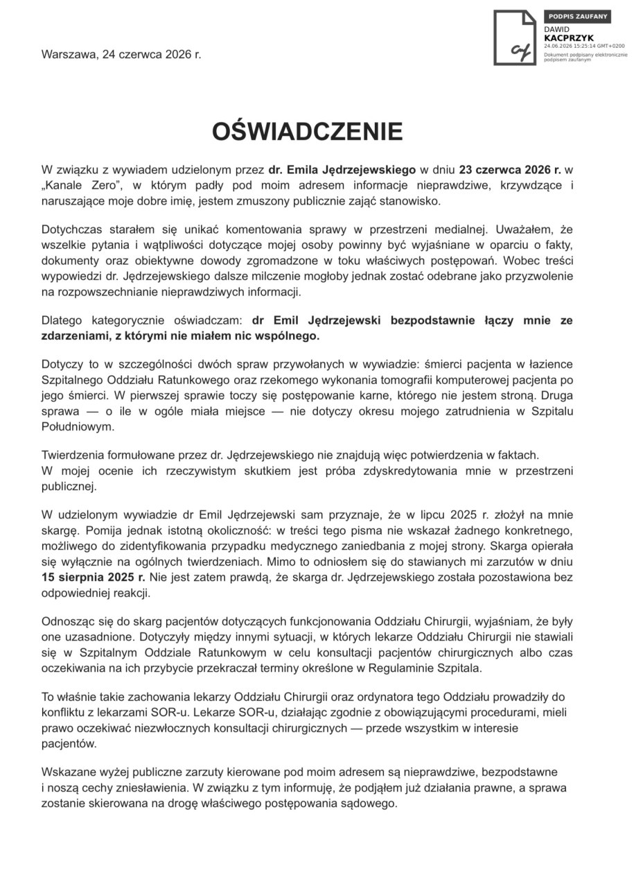 Oświadczenie Dawida Kacprzyka /Materiały prasowe