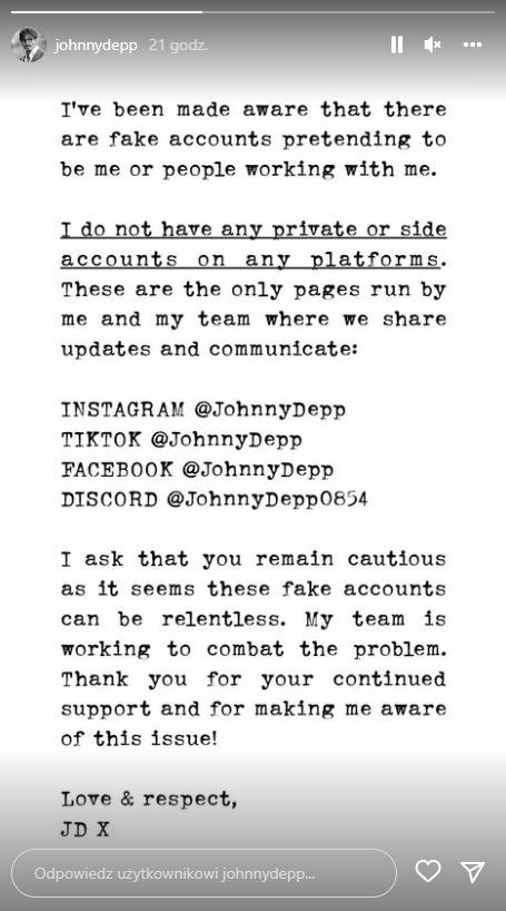 Oświadczenie Depp'a na Instagramie /@johnnydepp /Instagram