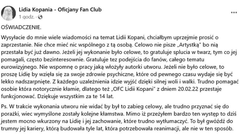 Oświadczenie fanklubu Lidii Kopani, które zniknęło z sieci /Facebook /materiały prasowe