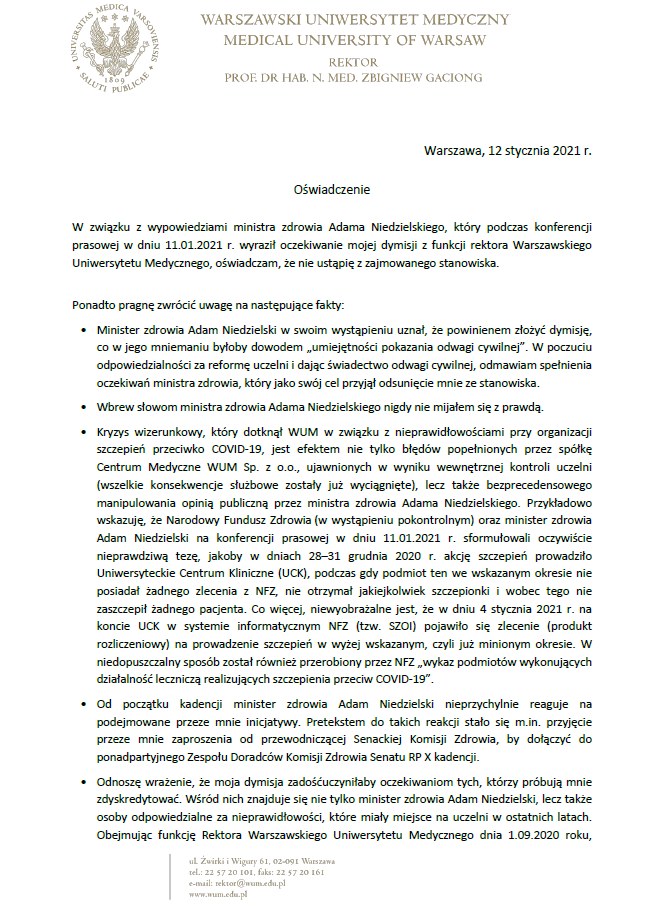 Oświadczenie JM Rektora prof. Zbigniewa Gacionga /