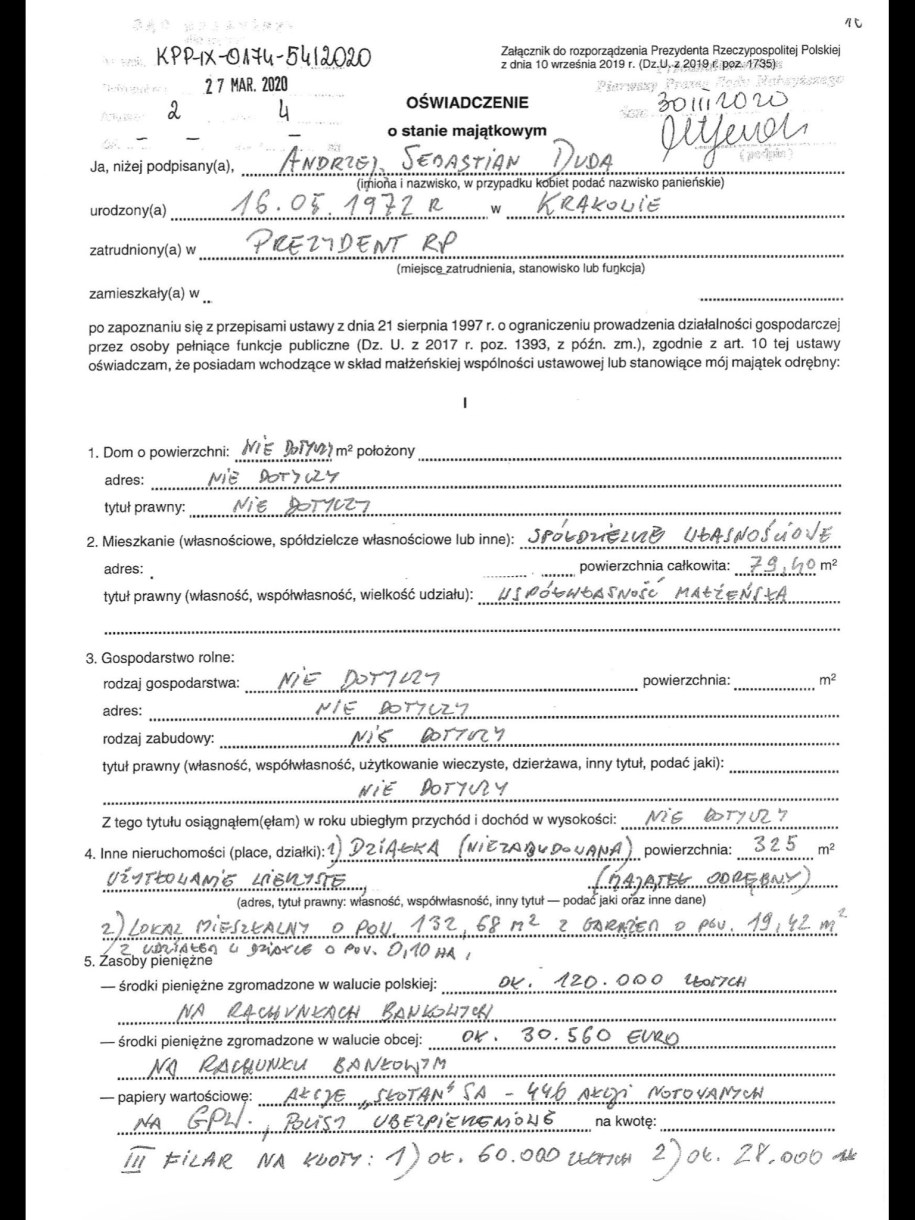 Oświadczenie majątkowe prezydenta /Sąd Najwyższy /
