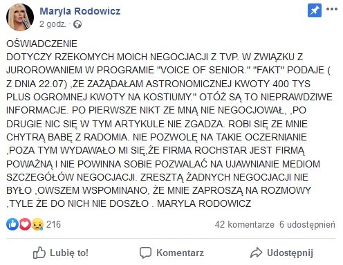 Oświadczenie Maryli Rodowicz /Facebook
