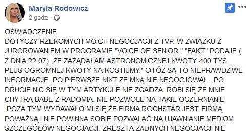 Oświadczenie Maryli Rodowicz /Facebook