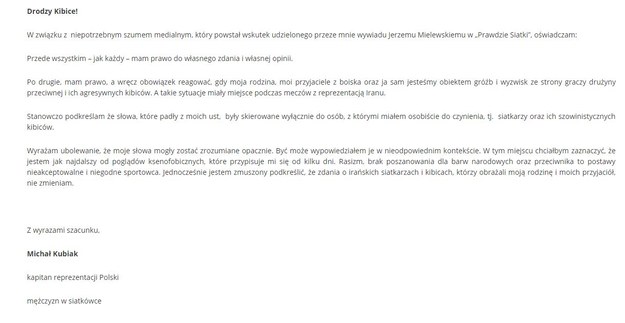 Oświadczenie Michała Kubiaka zamieszczone na stronie PZPS /Zrzut ekranu