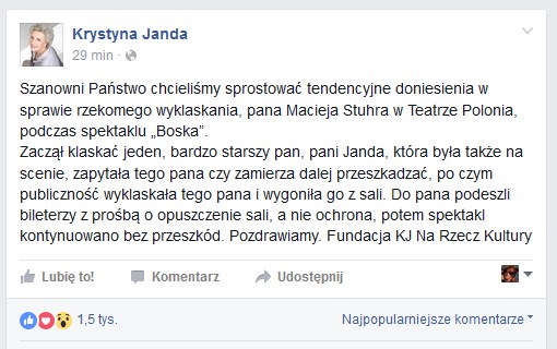 Oświadczenie na profilu Krystyny Jandy /Facebook