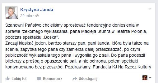 Oświadczenie na profilu Krystyny Jandy /Facebook