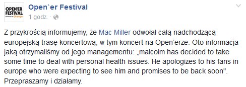 Oświadczenie Open'er Festivalu na Facebooku /