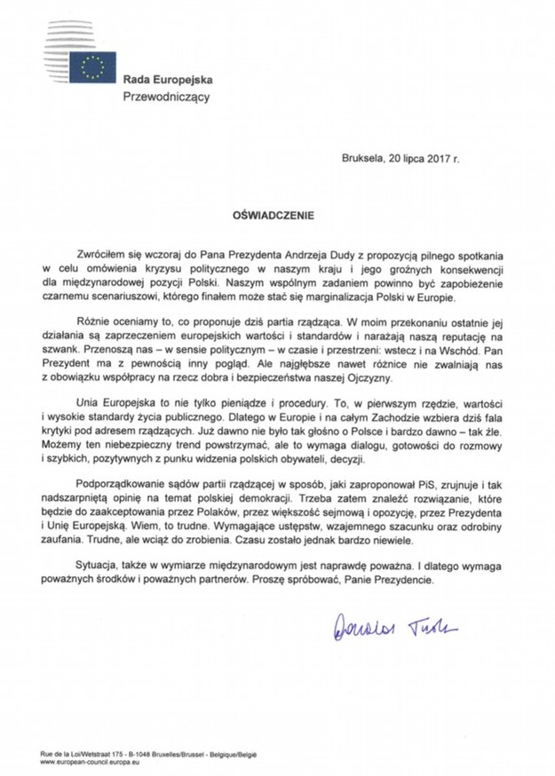 Oświadczenie przewodniczącego Rady Europejskiej Donalda Tuska /RMF FM