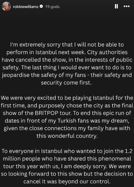 Oświadczenie Robbiego Williamsa na Instagramie /