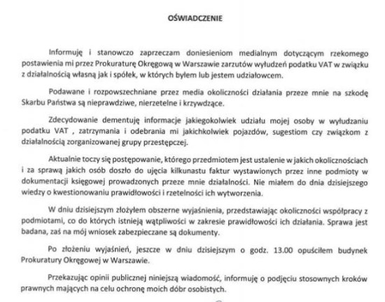 Oświadczenie Roberta K. /facebook.com