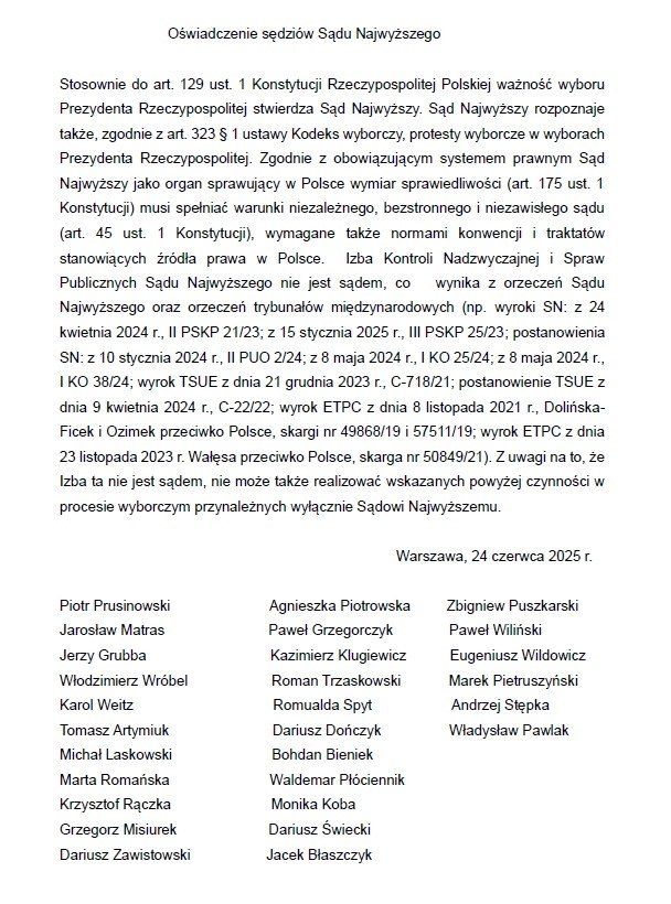 Oświadczenie sędziów Sądu Najwyższego /RMF FM