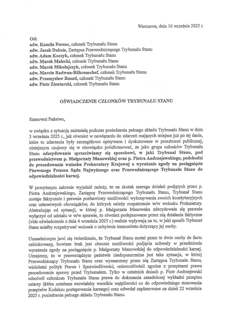 Oświadczenie sędziów Trybunału Stanu str. 1 /