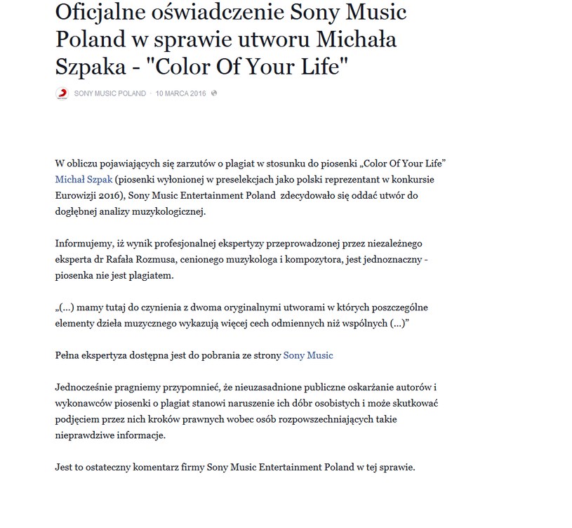 Oświadczenie Sony Music na Facebooku /