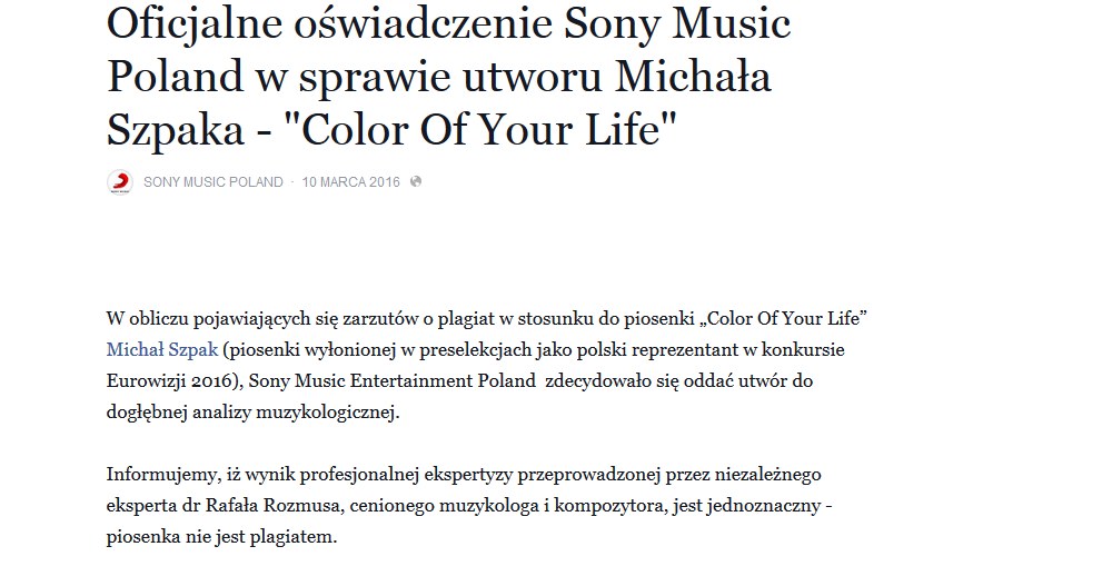 Oświadczenie Sony Music na Facebooku /