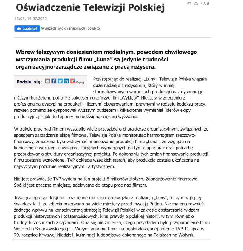 Oświadczenie TVP /https://centruminformacji.tvp.pl/ /materiał zewnętrzny