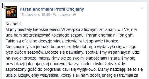 Oświadczenie twórców Kabaretu Paranienormalni /Facebook