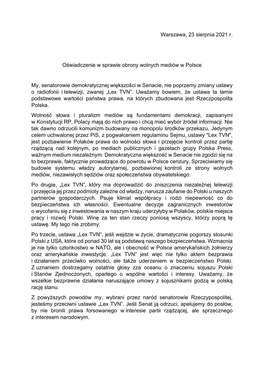 "Oświadczenie w sprawie obrony wolnych mediów w Polsce" /