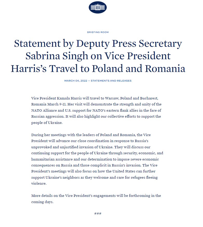 Oświadczenie ws. wizyty wiceprezydent USA w Polsce /White House /