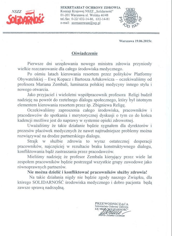 Oświadczenie wystosowane przez Marię Ochman /www.solidarnosc.org.pl /INTERIA.PL