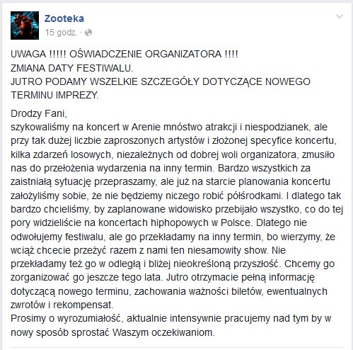 Oświadczenie Zooteki na Facebooku /