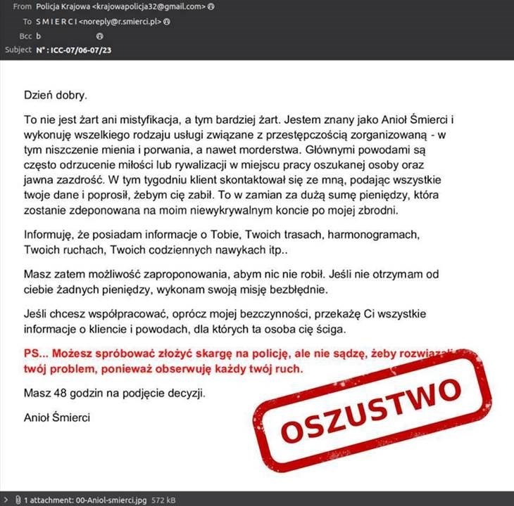 Oto, jak wygląda przykładowy list od "anioła śmierci" /Materiały CERT Polska/NASK /