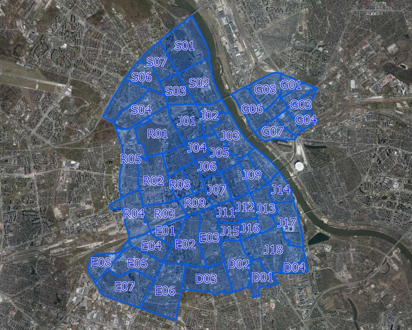Oto podział na strefy płatnego parkowania (SPPN) w Warszawie i na jego podstawie przydzielane są identyfikatory B-35 dla posiadaczy abonamentu mieszkańca/ mapa ZDM Warszawa /
