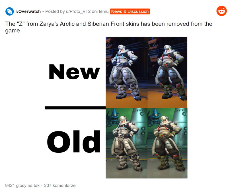 Overwatch - zmiany postaci Zarya - zdjęcie zamieszczone w serwisie Reddit.com przez użytkownika @Proto_VI /materiały źródłowe