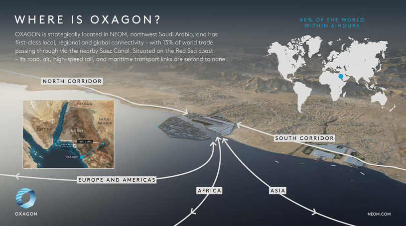 Oxagon zaprojektowany został na wybrzeżu w celu wykorzystania żeglugi przez Kanał Sueski /NEOM /materiały prasowe