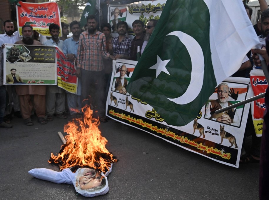 Pakistańczycy palący kukłę z podobizną premiera Indii Narendry Modiego /Rehan Khan